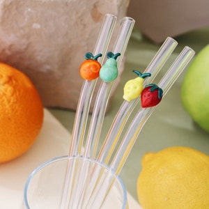 Handmade Tiny Fruit Theme Figurine Straws, Orange, Pear, Lemon, Strawberry - Reusable & Eco-Friendly