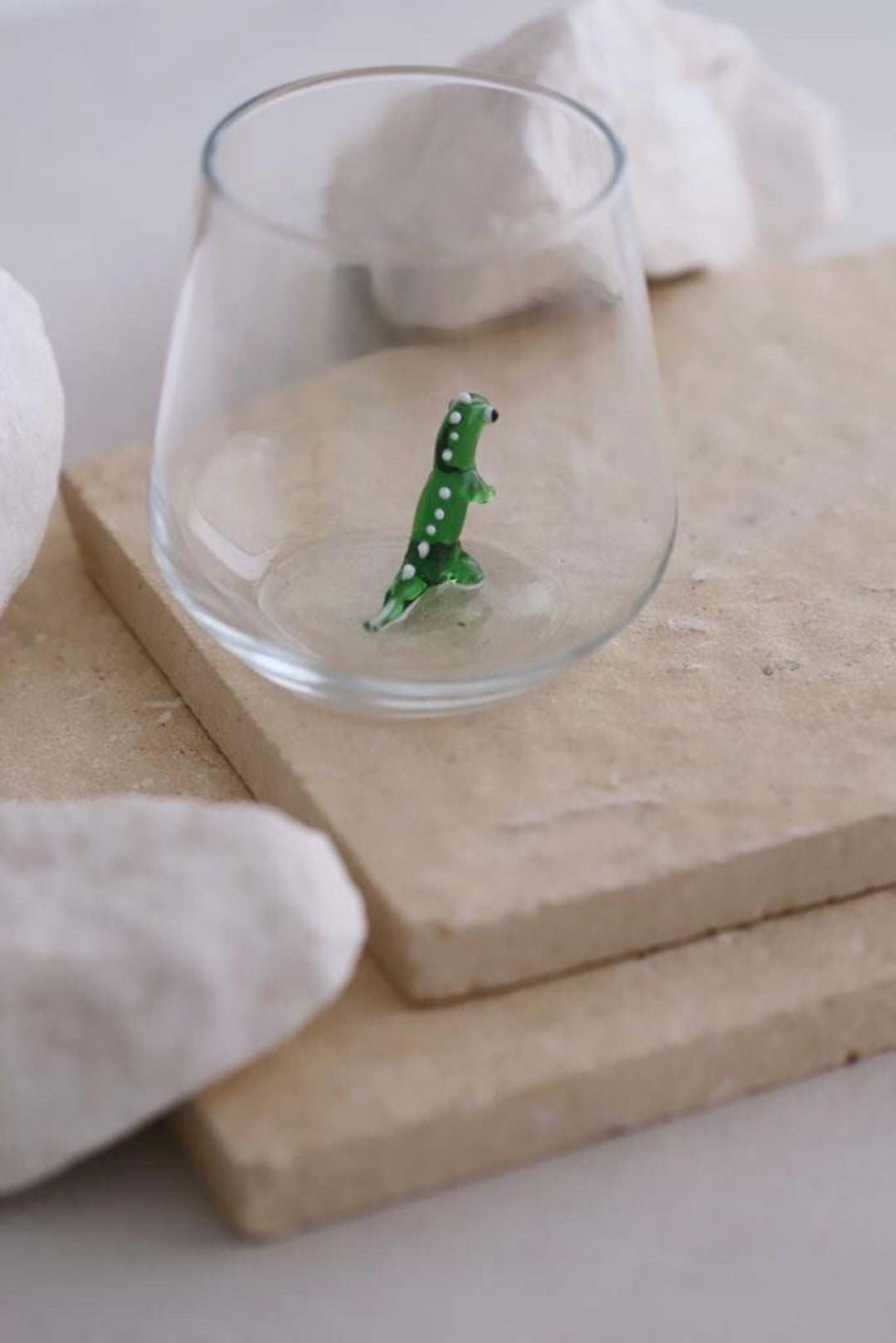 Handmade Tiny Dinosaur Figurine Drinking Glass, Dinosaur Beer Glass