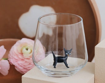 Water Glass with Handmade Cat Figure, Cat Gift, Glassware Set, Halloween Home Décor, Halloween Table Décor, Black Cat, Halloween Gift Basket