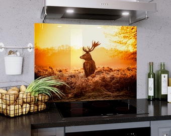 Glass Splashback Kitchen ANY SIZE or made to measure Backsplash Wall Panel | Deer Stag Horns Wild Animal Autumn Forrest | Prizma Prints USA