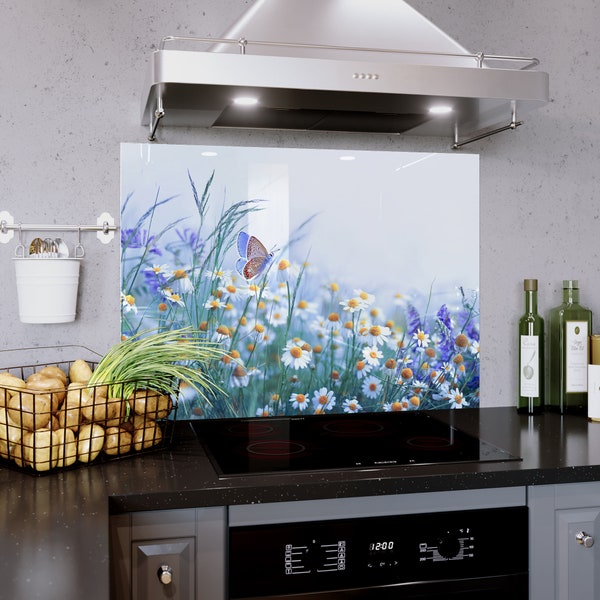 Kitchen Glass Splashback ANY SiZE Bespoke Hob Cooker Tempered Backsplash Wall Panel | Deisies & Butterfly Nature Meadow | Prizma Prints UK