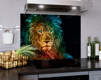 Glass Splashback for Kitchen in ANY SIZE | Abstract Neon Lion Animal