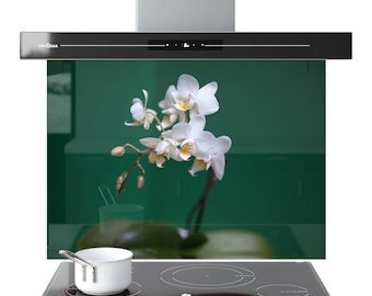 Dosseret de cuisine en verre Low iron trempé Fleur d'orchidée blanche Photo Art  | 69 tailles de panneaux ou sur mesure sur demande