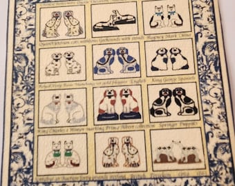 May include: A vintage rug with a cream background and blue floral border. The rug features a series of framed images of dogs, each with a caption describing the breed and its historical significance. The captions include "Queen Victoria's old Welsh Corgis", "King George Spaniels", "Prince Albert Collection", and "British Bulldog circa 1861".