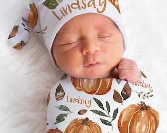 Fall Pumpkin Baby Boy / Girl Personalized Newborn Swaddle Set, White Orange or Green Beanie Hat, Headband, Custom Name Halloween Shower Gift
