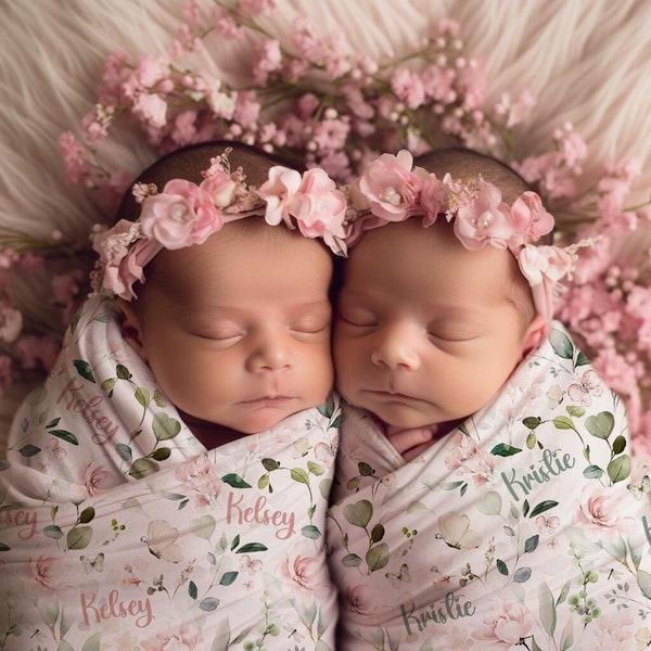 Twin Baby Girls Personalized Butterfly Swaddle Gift Set, Custom Name Floral Headband Bow, Flower Newborn Outfit, Pink Roses Hospital Photo