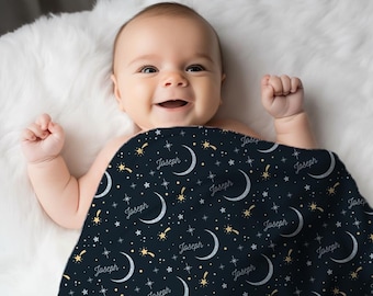 Baby Boy Moons & Stars Personalized Swaddle Set, Custom Name Celestial Knot Hat / Beanie, Cosmic Navy Newborn Outfit, Blue Shower Present
