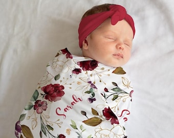 Baby Girl Red Rose Personalized Swaddle Set, Custom Name Floral Headband Bow, Matching Flower Beanie Hat, Newborn Shower Gift, Photo Outfit