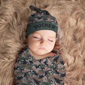 Personalized Baby Boy Hunting Knot Hat, Newborn Camo Swaddle Set, Military Outfit with Custom Name Beanie, Army Hospital Receiving Blanket