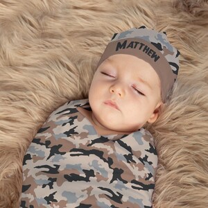 Boy Custom Name Military Beanie Cap / Personalized Knot Hat, Newborn Baby Hunting Camo Swaddle Set, Knotted Gown Outfit, Infant Coming Home