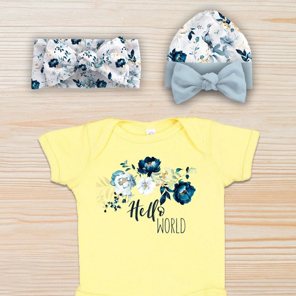 Baby Girl "Hello World" Birth Announcement Bodysuit, Matching Floral Headband / Bow Hat Set, Blue Flower Newborn Outfit, Coming Home Clothes