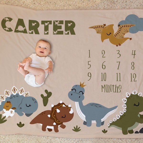 Personalized Baby Boy T-Rex Milestone Blanket, Dinosaur Minky Plush Throw, Custom Name Monthly Photo Growth Chart, Reptile Nursery Decor