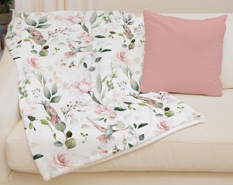 Pink Floral Rose & Hummingbirds Soft Minky Blanket, Pink and Green Flower Couch Throw Blanket, Baby Shower Present, Gifts for Mom's Birthday