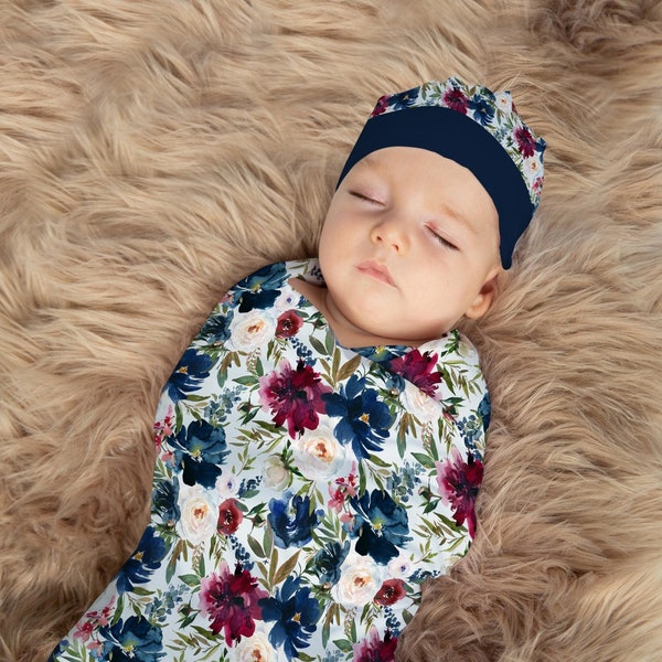 Floral Baby Girl Swaddle Set, Navy Blue & Maroon Flowers Beanie Hat or Headband Bow, Newborn Hospital Going Home Outfit / Receiving Blanket