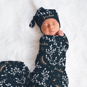 Personalized Boho Moons Swaddle Gift Set for Baby Boy / Girl, Celestial Stars Headband Bow or Knot Hat, Bohemian Custom Name Newborn Outfit