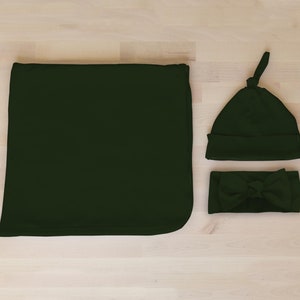 Solid Dark Green Newborn Swaddle Set, Girl Evergreen Headband / Bow, Boy Knot Hat, Infant Hospital First Photo Outfit, Baby Shower Present