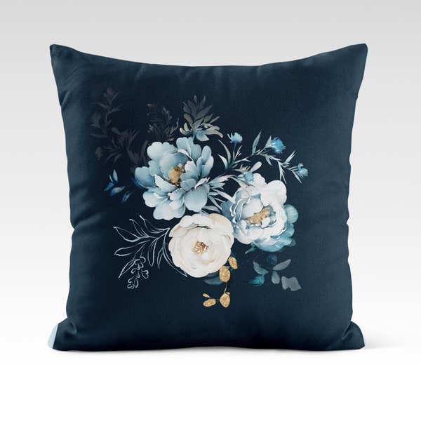 Navy Blue & White Spring Floral Square Throw Pillow Covers, Peonies Home Decor, Roses Accent Couch Cases 14x14, 16x16, 18x18, 20x20, 24x24