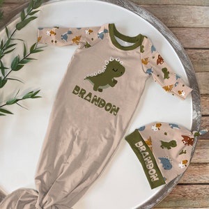 Personalized Baby Boy T-Rex Newborn Nightgown, Dinosaur Custom Name Pajama Sleeper, Knotted Gown & Hat Set, Bodysuit Outfit w/ Hand Covers