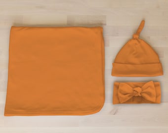 Newborn Baby Solid Orange Swaddle Set, Fall Pumpkin Color Headband / Bow Hat / Beanie, Gender Neutral Girl / Boy Photo Outfit, Shower Gift