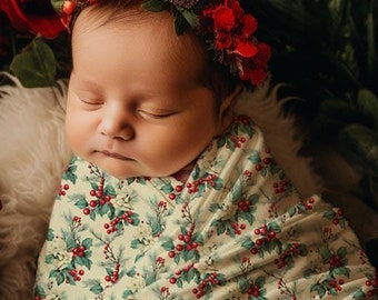 Vintage Holly Swaddle, Baby Girl Holiday Floral Headband / Bow Hat, Winter Berries Blanket, Christmas Newborn Outfit, Xmas Shower Gift Set
