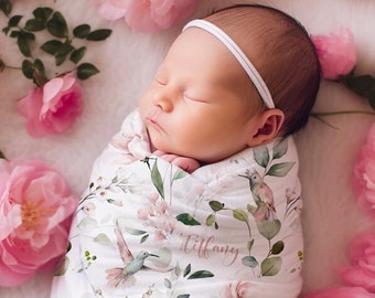 Personalized Baby Girl Hummingbirds Swaddle Set, Pink Floral Custom Name Knot Hat, Flower Headband / Bow, Rose Newborn Outfit, Shower Gift