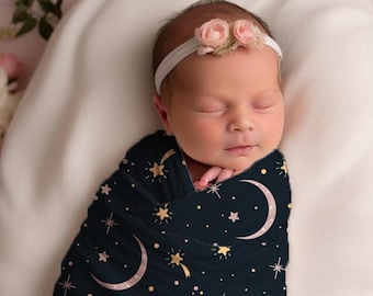 Baby Girl Pink Moons & Stars Swaddle Set, Celestial Headband Bow / Knot Hat, Cosmic Navy Newborn Outfit, Galaxy Shower Gift, Witchy Nursery