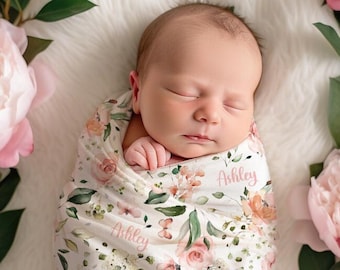 Pink Floral Roses Personalized Baby Girl Swaddle Set, White Flowers Custom Name Headband Bow, Newborn Outfit with Knot Hat, Baby Shower Gift