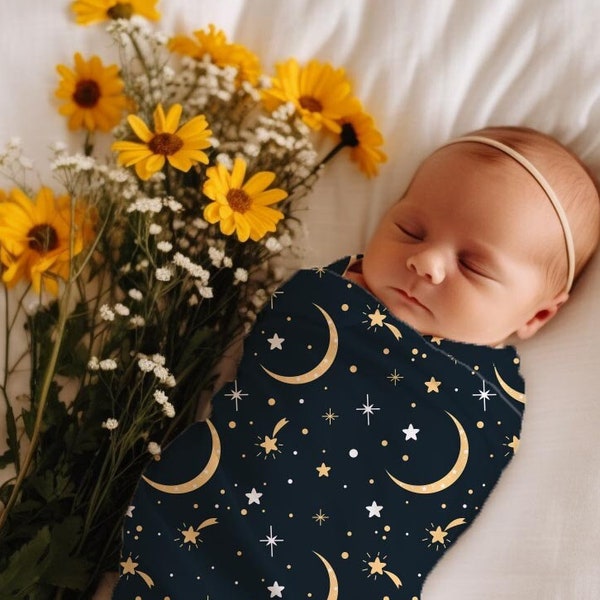 Yellow Moons & Stars Newborn Swaddle Set, Baby Girl Celestial Headband / Bow, Boy Knot Hat / Beanie, Witchy Photo Outfit, Galaxy Shower Gift