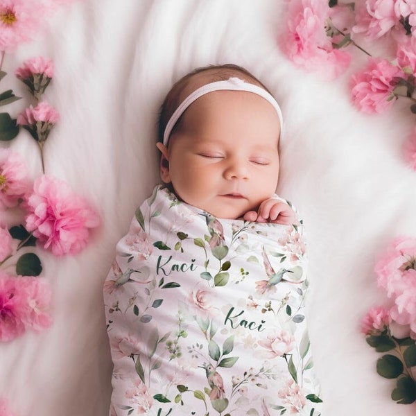 Pink Rose & Hummingbirds Personalized Swaddle Set, Custom Name Baby Girl Floral Headband Bow, Flower Outfit with Hat, Newborn Shower Gift