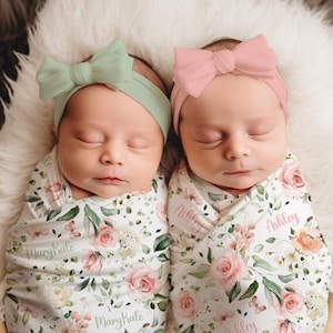 Twin Baby Girls Pink Roses Personalized Swaddle Set, Custom Name Floral Newborn Birth Announcement Outfit, Flower Bow/Knot Hat, Shower Gift