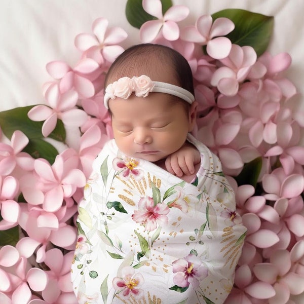 Plumeria & Hibiscus Hawaiian Flowers Baby Girl Swaddle Set, Purple or Pink Floral Headband / Bow / Knot Hat, Newborn Outfit, Shower Present
