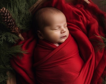May include: A newborn baby swaddled in a red blanket, sleeping peacefully in a wooden bowl surrounded by green pine branches.
