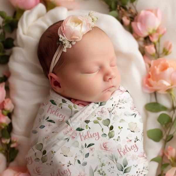 Personalized Butterfly Baby Girl Swaddle Set, Custom Name Pink Roses Headband Bow, Floral Birth Announcement, Flower Newborn Outfit with Hat