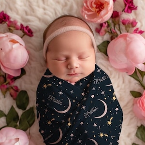 Baby Girl Moons & Stars Personalized Swaddle Set, Custom Name Celestial Headband / Bow Hat, Cosmic Navy Newborn Outfit, Pink Shower Present