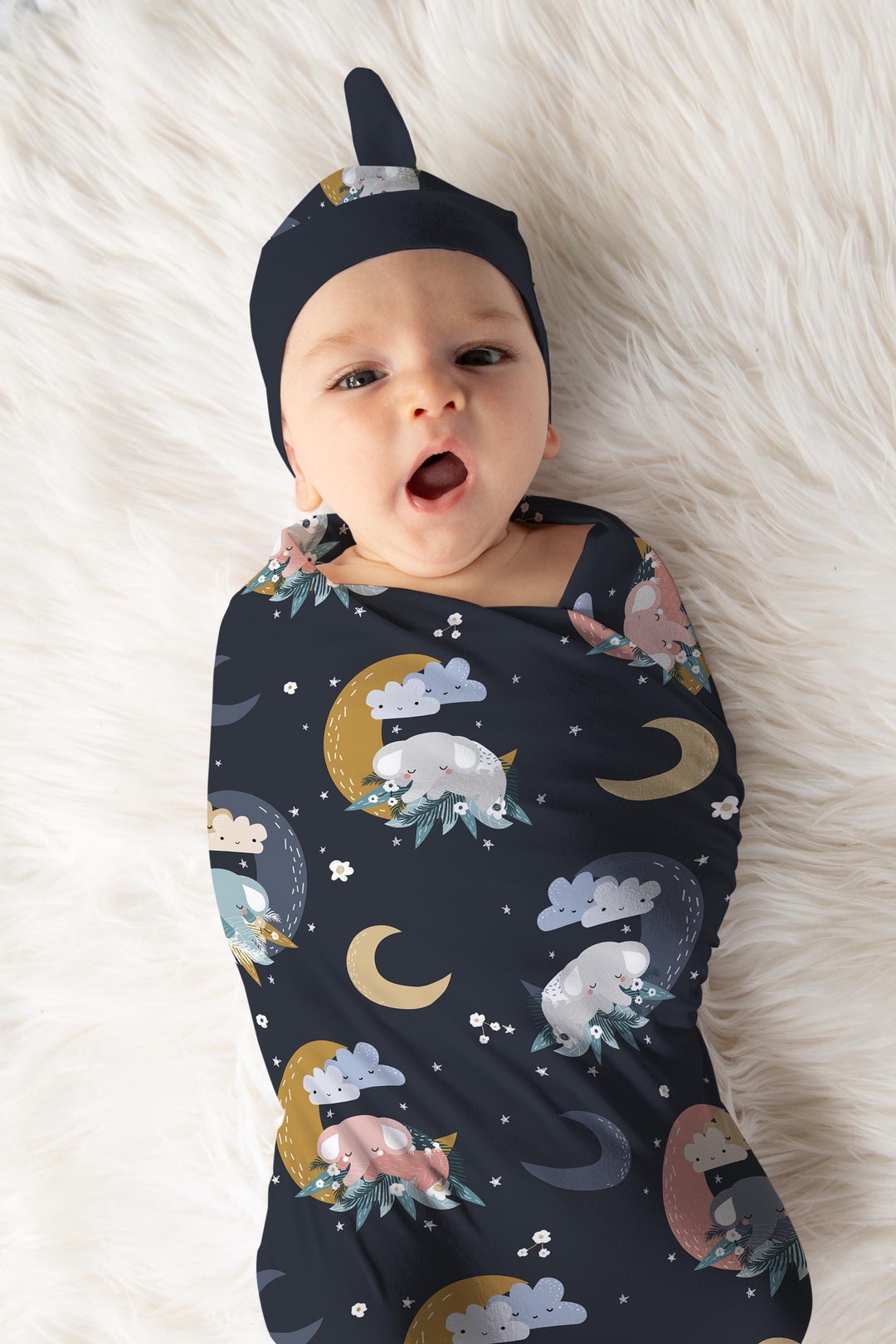 Cute Elephants Moons & Stars Gender Neutral Swaddle Set Etsy
