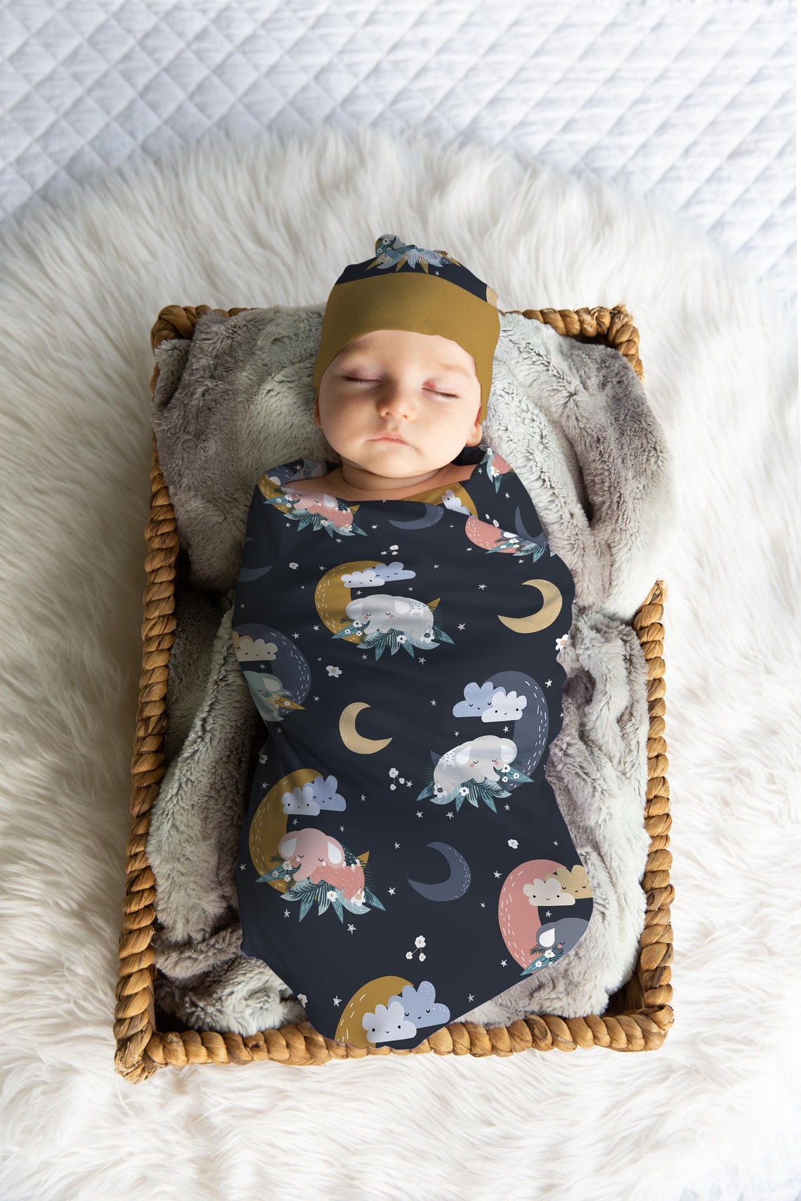 Cute Elephants Moons & Stars Gender Neutral Swaddle Set Etsy