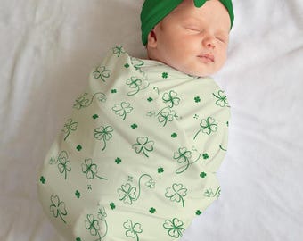 St. Patrick's Day Swaddle, Baby Girl Shamrock Headband, Clover Bow Hat, Irish Newborn Outfit, Cute Gender Reveal Set, Spring Shower Present