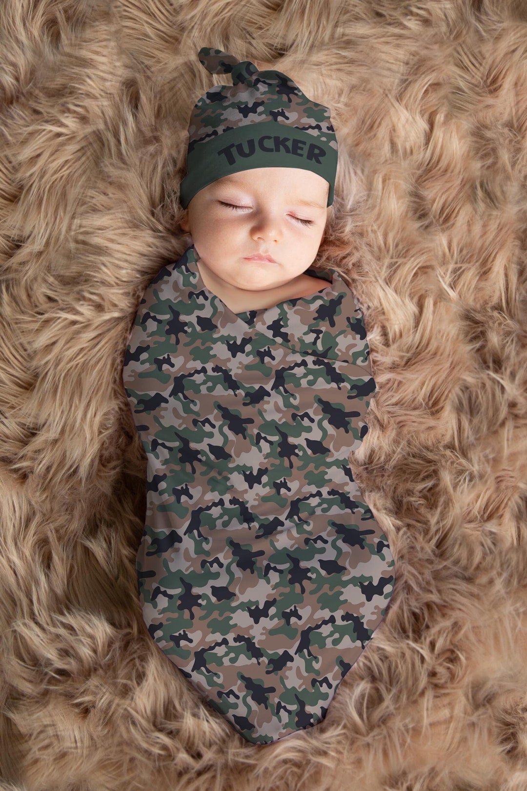 Personalized Baby Boy Hunting Knot Hat, Newborn Camo Swaddle Set, Military Outfit With Custom