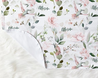 Pink Rose & Hummingbirds Personalized Swaddle Set, Custom Name Baby Girl Floral Headband Bow, Flower Outfit with Hat, Newborn Shower Gift
