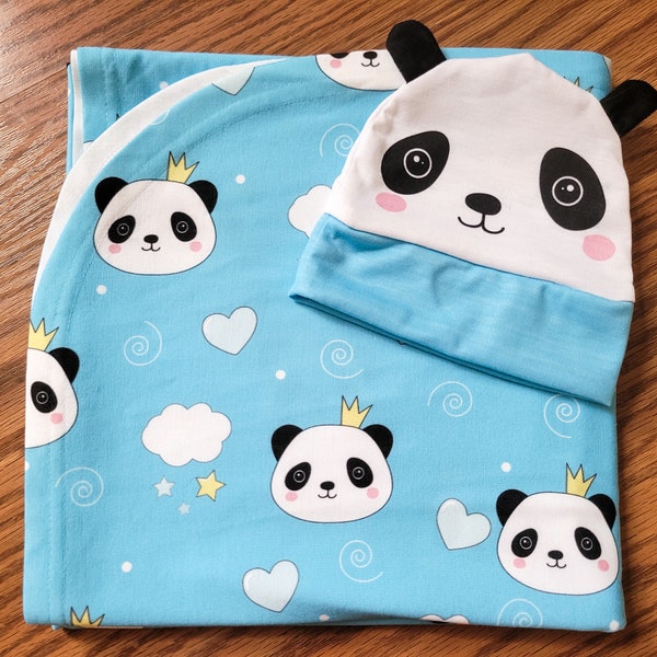 Baby Boy Swaddle & Panda Hat Set, Bear Newborn Outfit, First Hospital Photo Receiving Blanket, Cute Animal Shower Gift, Blue Nursery Decor