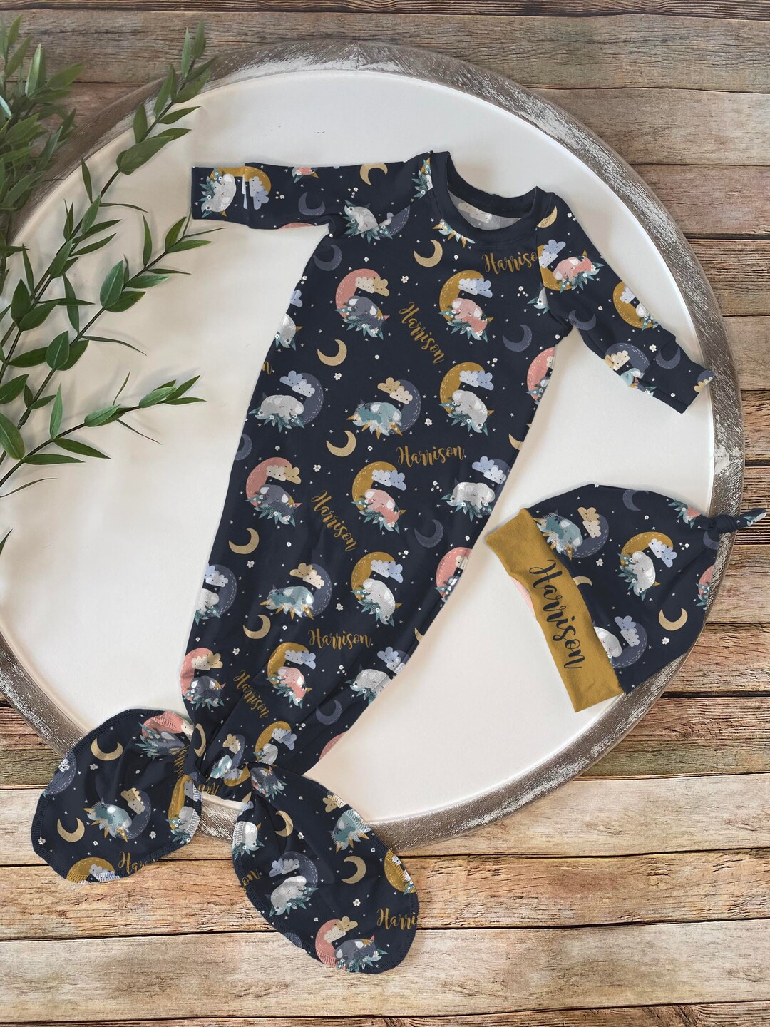 Personalized Baby Boy Name Elephants & Moons Knotted Gown Set, Custom