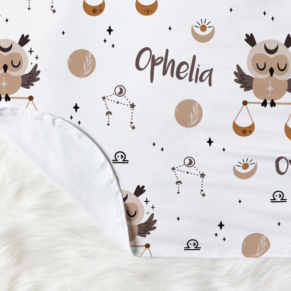 Libra Zodiac Sign Personalized Baby Boy / Girl Name Swaddle Set, September / October Celestial Birthdate Gift, Astrology Symbol Owl Knot Hat