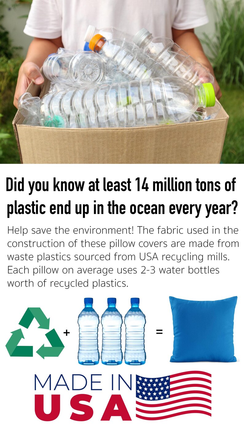 Op de afbeelding: Een blauwe kussenhoes gemaakt van gerecyclede plastic waterflessen. De afbeelding toont een recycle-symbool, drie plastic waterflessen en een blauw kussen. De tekst "Made in USA" staat onder de afbeelding.