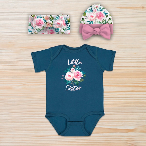 Little Sister Teal Bodysuit, Baby Girl Pink Peony Onesie® Gift Set, Flower Gender Reveal, Floral Romper, Roses Newborn Pajamas & Bow Hat