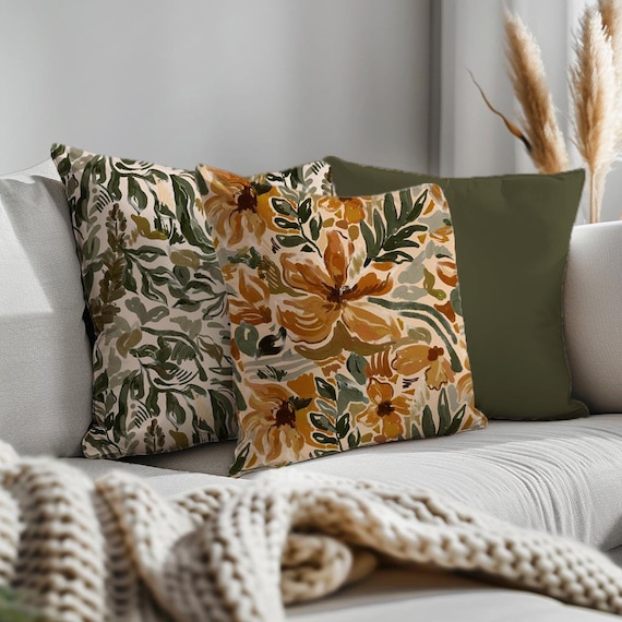 Fall Floral Square Throw Pillow Covers, Orange Autumn Flowers Home Decor, Green Plant Accent Couch Cases, Size 14x14 16x16 18x18 20x20 24x24