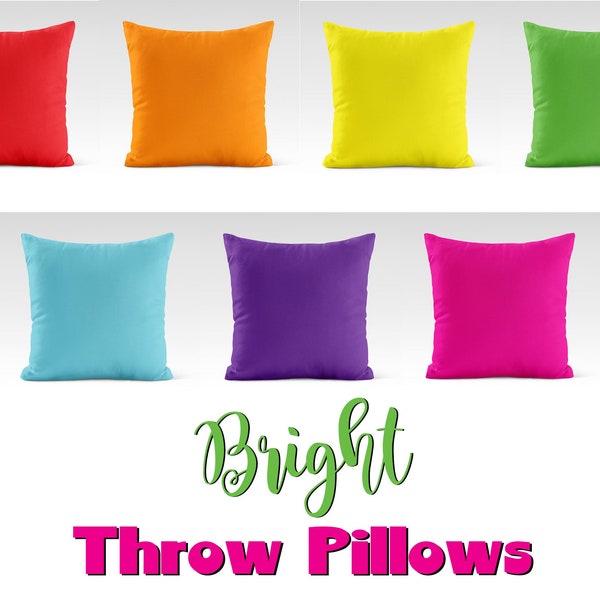 Bright Colorful Solid Throw Pillow Covers, Vivid Couch Accent Cases, Rainbow Home Decor, Neon Red Orange Yellow Green Blue Purple Pink