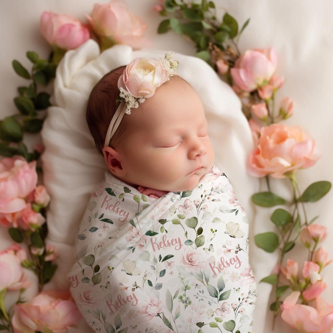 Personalized Butterfly Baby Girl Swaddle Set, Custom Name Pink Roses