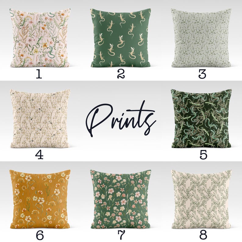 May include: Eight different pillow designs with various floral and animal prints. The prints include green and white floral, green and brown floral, green and white lizard, green and brown lizard, green and white leafy, green and pink floral, yellow and brown floral, and green and white leafy. The pillows are numbered 1 through 8.
