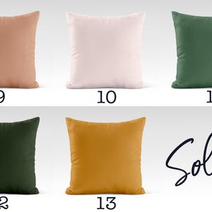 May include: A set of 6 decorative throw pillows in various solid colors, including peach, pink, green, and mustard yellow. The pillows are arranged in two rows of three, with the text "Solids" written in cursive below the bottom row.