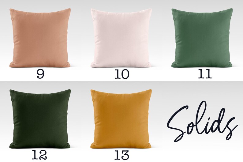 May include: A set of 6 decorative throw pillows in various solid colors, including peach, pink, green, and mustard yellow. The pillows are arranged in two rows of three, with the text "Solids" written in cursive below the bottom row.